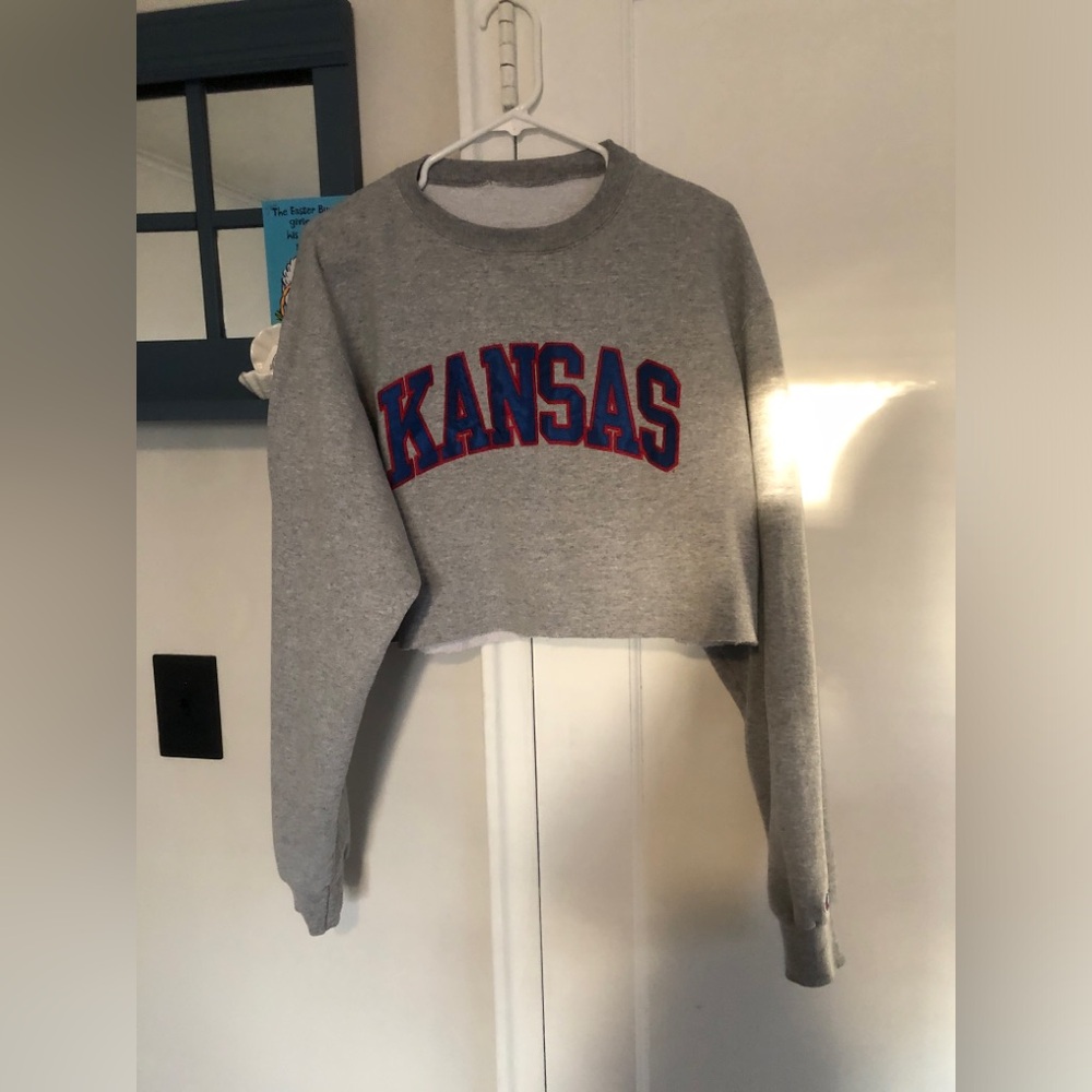 Champion Gray Cropped Crewneck with Red & Blue Kansas Appliqué